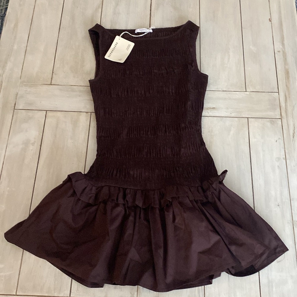 Peppermayo Chocolate Brown Smocked Mini Dress - Picture 2 of 4